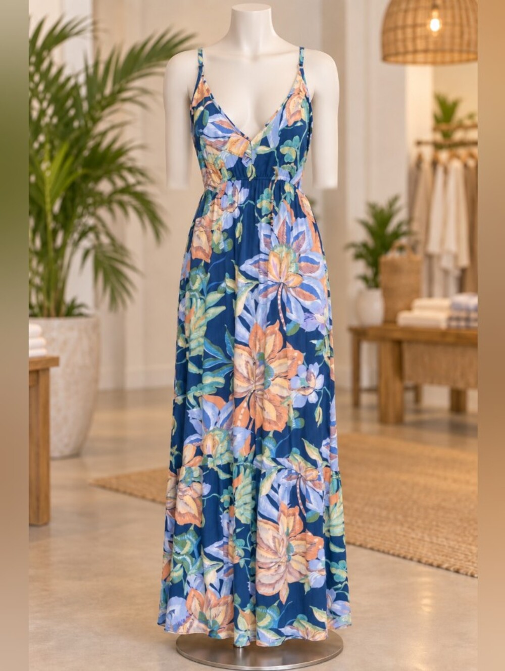 ANGIE Women’s Small Navy Tropical Floral Cold Shoulder Boho Maxi Dress